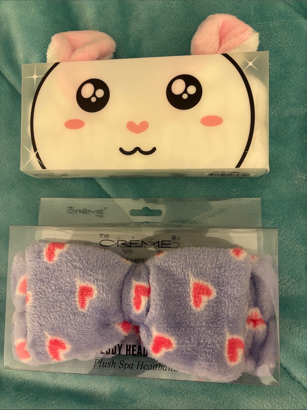 The Crème Spa Plush Headband - Lavender with Pink Hearts